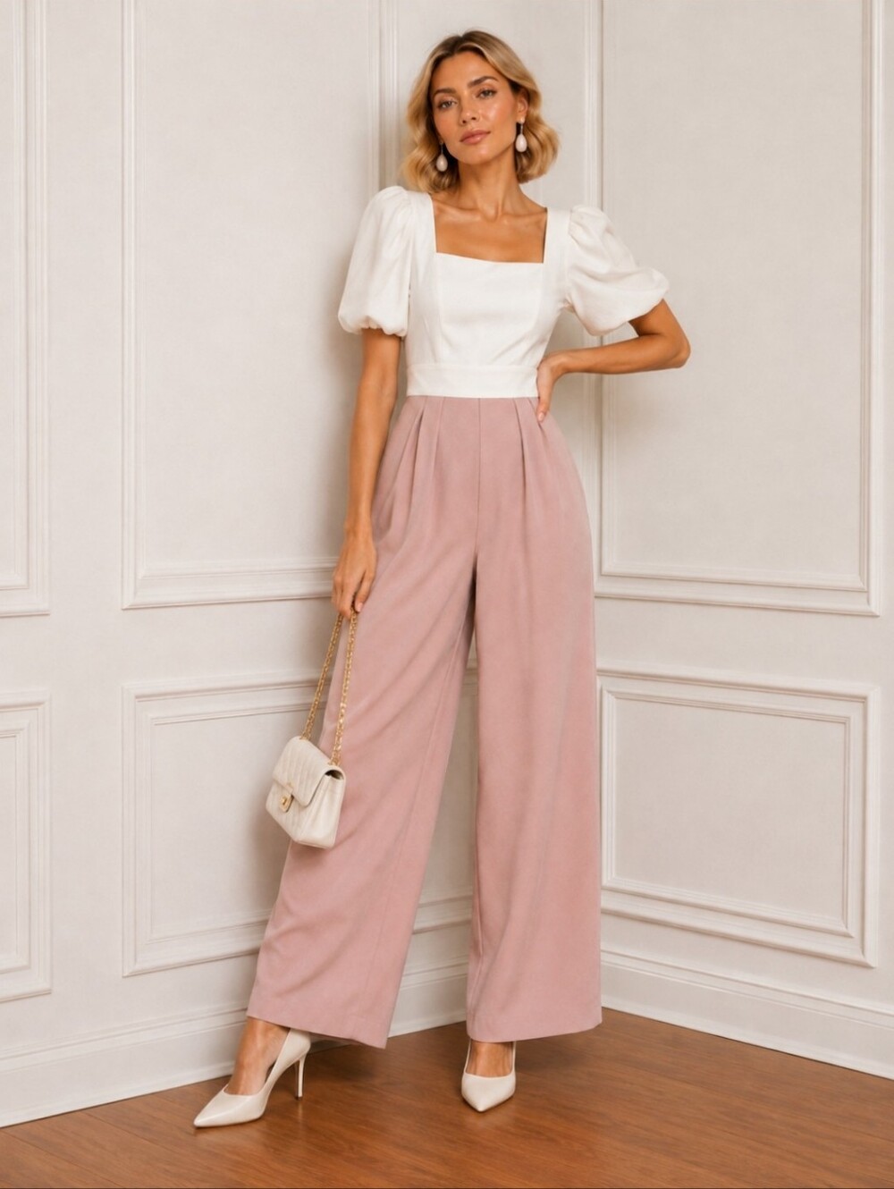 Ever New Melbourne Blush Pink Wide-Leg Jumpsuit | Puff Sleeves | Bow Tie Waist